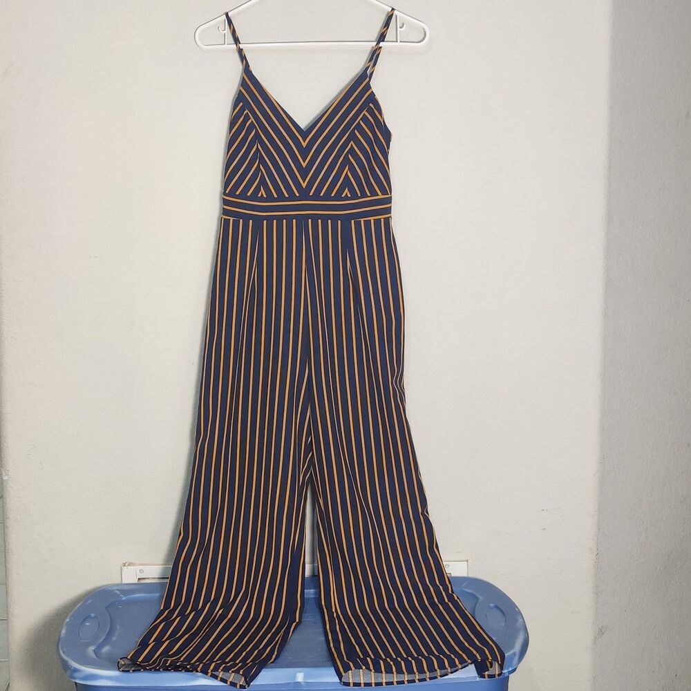 Timing Womens S Striped Wide Leg Jumpsuit Navy Mustard Sleeveless Palazzo